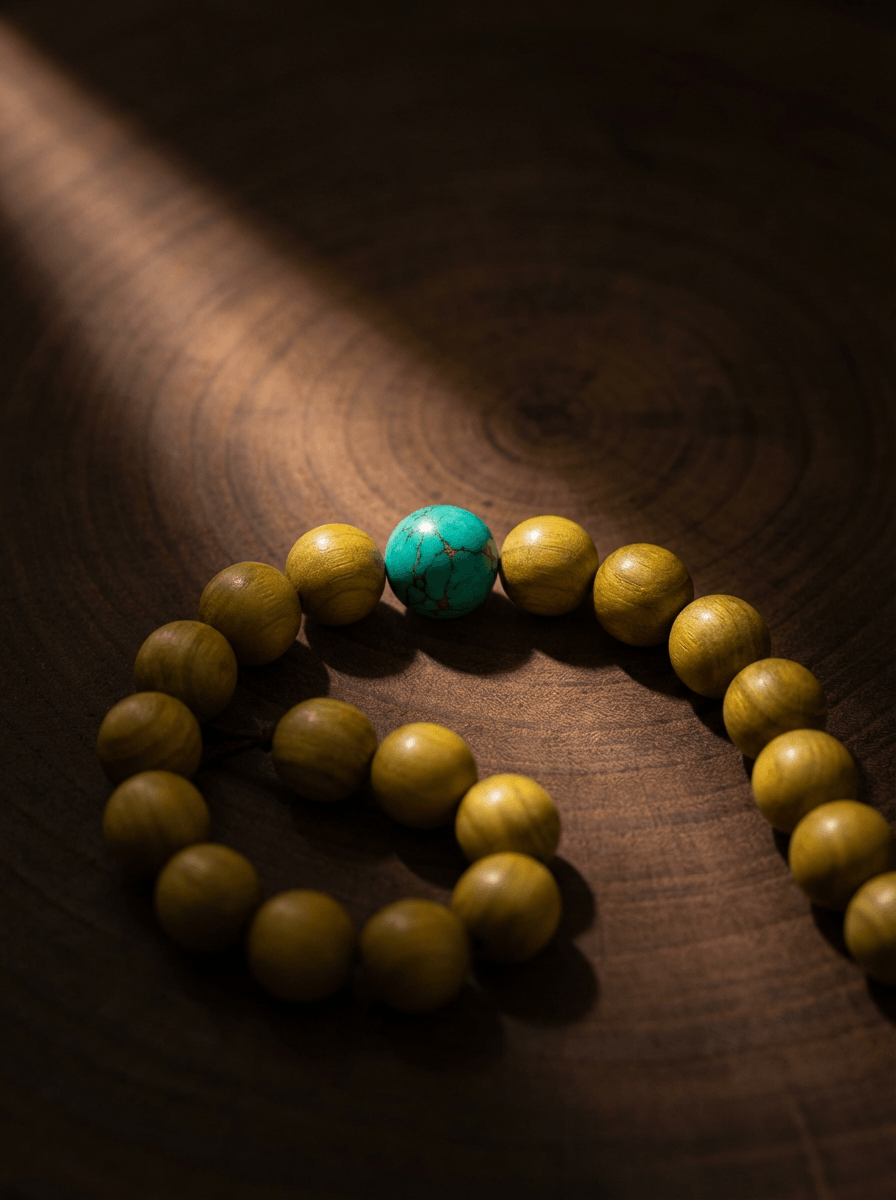 OresGreen Grounded Bracelet: Natural green sandalwood beaded bracelet with a single turquoise center gem, elegantly illuminated by a ray of sunlight on a textured wooden background.