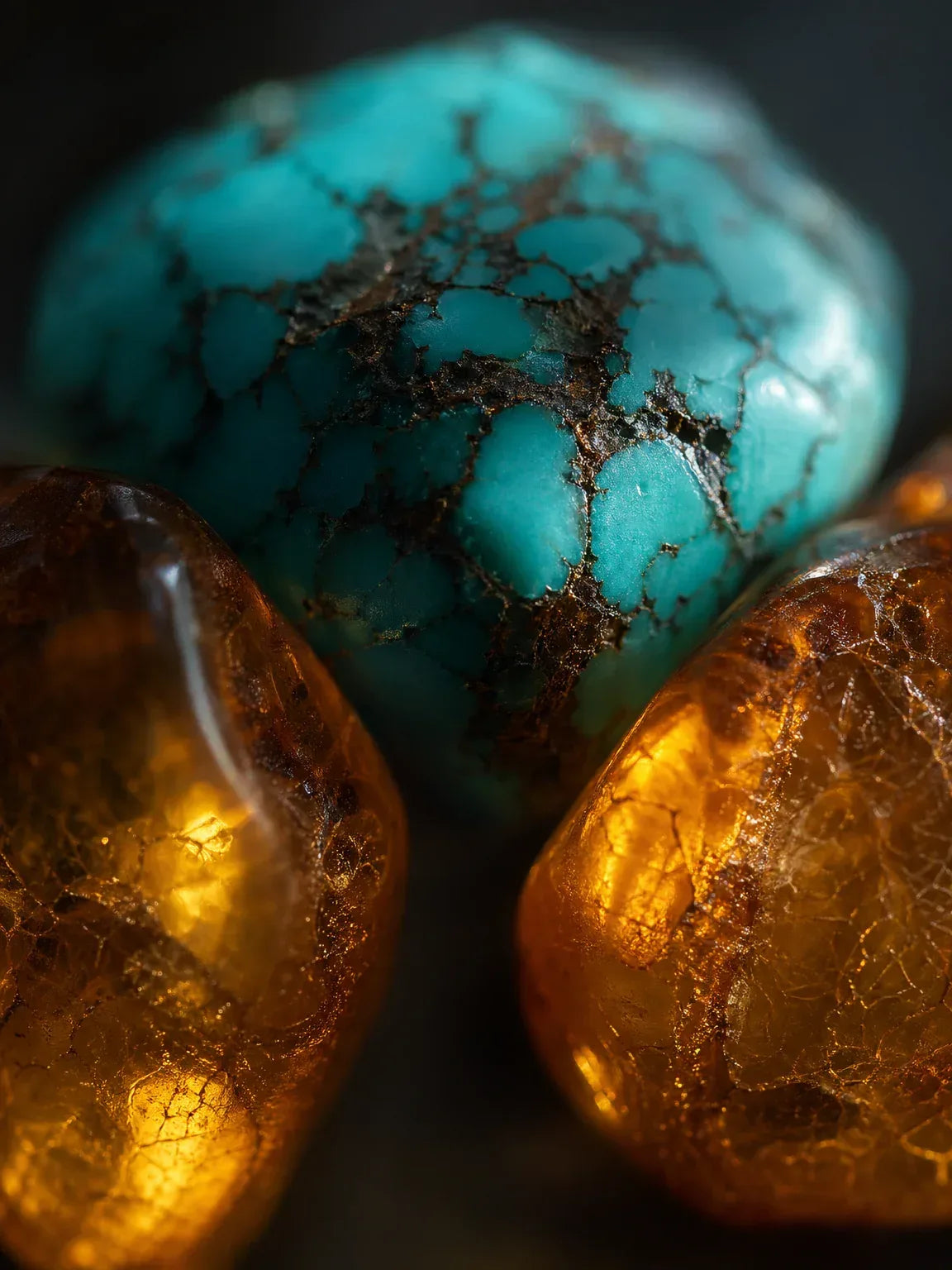 OresGreen Glow Bracelet macro details: An ultra-close up macro shot showcasing the intricate spiderweb matrix on a natural blue turquoise stone paired with the golden ice-crackle inclusions of premium amber gemstones.