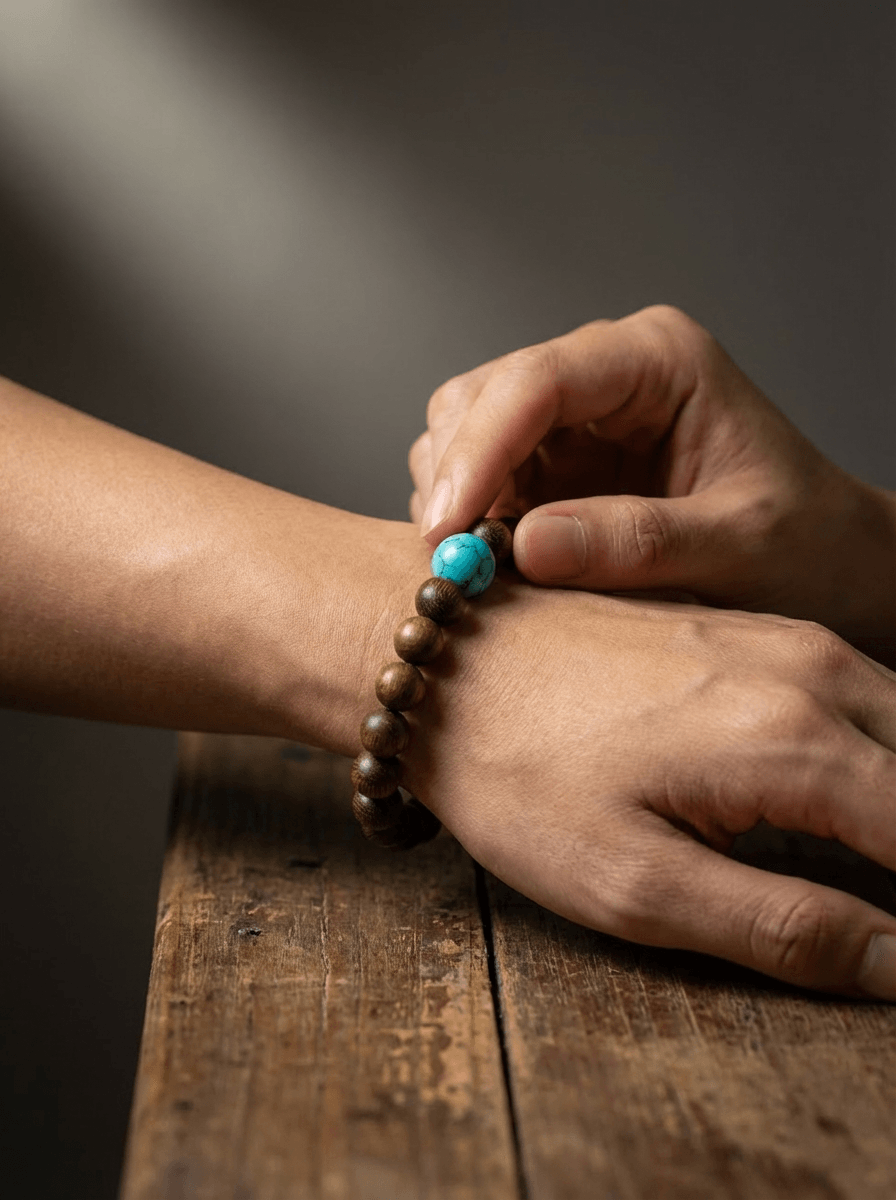 Handcrafted wooden bead and real turquoise gemstone bracelet for men and women by OresGreen, showcasing an intimate wrist touch for anxiety relief, yoga mindfulness, and spiritual healing.